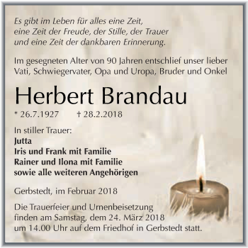 Traueranzeige von Herbert Brandau von Wochenspiegel Mansfelder Land