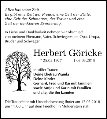 Traueranzeige von Herbert Göricke von Mitteldeutsche Zeitung Bitterfeld