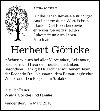 Traueranzeige von Herbert Göricke von Mitteldeutsche Zeitung Bitterfeld
