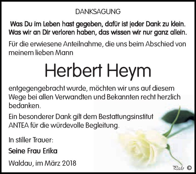  Traueranzeige für Herbert Heym vom 10.03.2018 aus Super Sonntag Zeitz