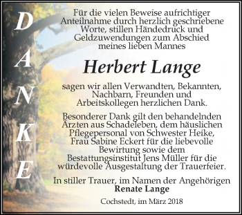 Traueranzeige von Herbert Lange von Mitteldeutsche Zeitung Aschersleben