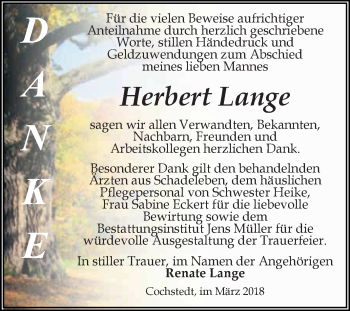 Traueranzeige von Herbert Lange von Super Sonntag Aschersleben