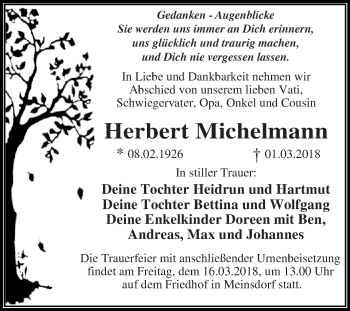 Traueranzeige von Herbert Michelmann von WVG - Wochenspiegel Dessau / Köthen