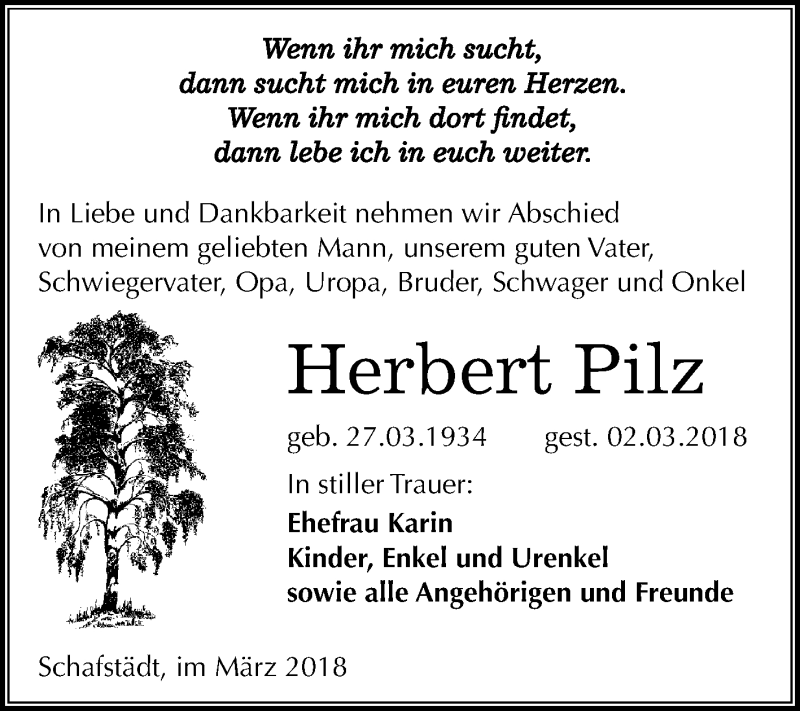  Traueranzeige für Herbert Pilz vom 07.03.2018 aus Mitteldeutsche Zeitung Merseburg/Querfurt