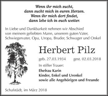 Traueranzeige von Herbert Pilz von WVG - Wochenspiegel Merseburg