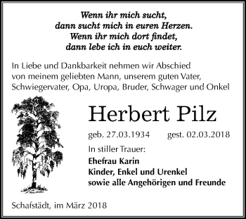 Traueranzeige von Herbert Pilz von Mitteldeutsche Zeitung Merseburg/Querfurt
