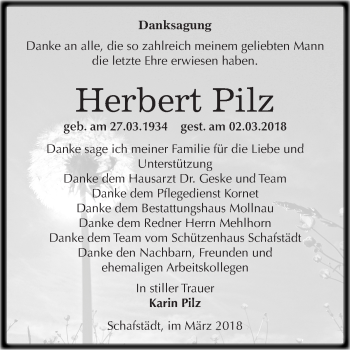 Traueranzeige von Herbert Pilz von Mitteldeutsche Zeitung Merseburg/Querfurt