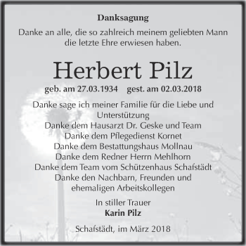 Traueranzeige von Herbert Pilz von WVG - Wochenspiegel Merseburg