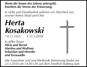 Traueranzeige von Herta Kosakowski von Mitteldeutsche Zeitung