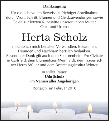 Traueranzeige von Herta Scholz von Mitteldeutsche Zeitung Bitterfeld