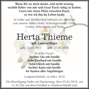 Traueranzeige von Herta Thieme von WVG - Wochenspiegel Merseburg