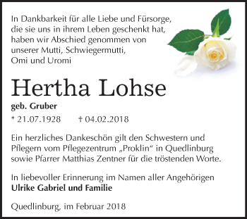 Traueranzeige von Hertha Lohse von Mitteldeutsche Zeitung