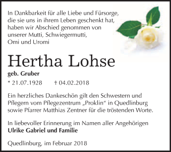 Traueranzeige von Hertha Lohse von WVG - Wochenspiegel Quedlinburg