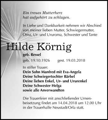 Traueranzeige von Hilde Körnig von WVG - Wochenspiegel Merseburg