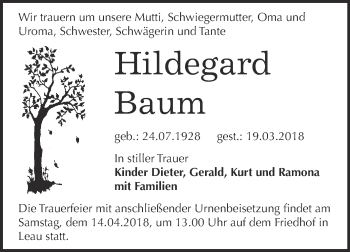 Traueranzeige von Hildegard Baum von Super Sonntag Bernburg