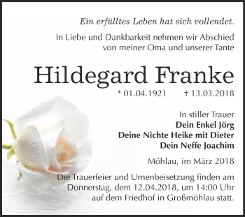 Traueranzeige von Hildegard Franke von WVG - Wochenspiegel Wittenberg