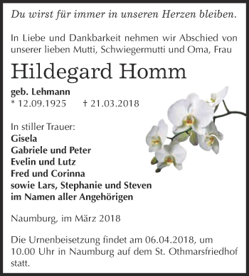 Traueranzeige von Hildegard Homm von WVG - Wochenspiegel NMB / WSF / ZTZ