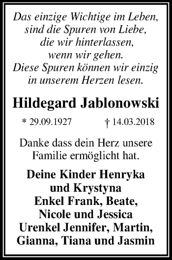 Traueranzeige von Hildegard Jablonowski von Mitteldeutsche Zeitung Dessau-Roßlau