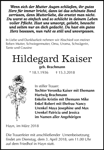 Traueranzeige von Hildegard Kaiser von Mitteldeutsche Zeitung Sangerhausen