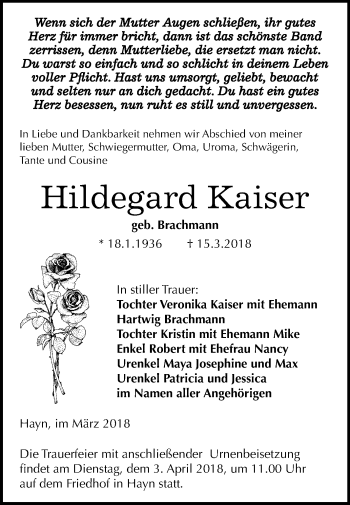 Traueranzeige von Hildegard Kaiser von Mitteldeutsche Zeitung Sangerhausen
