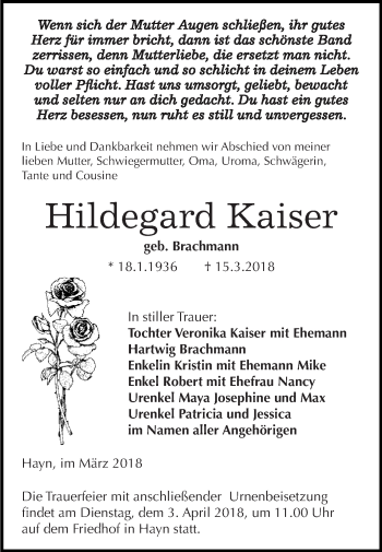 Traueranzeige von Hildegard Kaiser von WVG - Wochenspiegel SGH