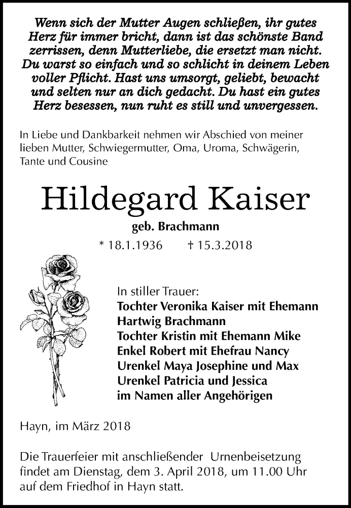  Traueranzeige für Hildegard Kaiser vom 23.03.2018 aus Mitteldeutsche Zeitung Sangerhausen