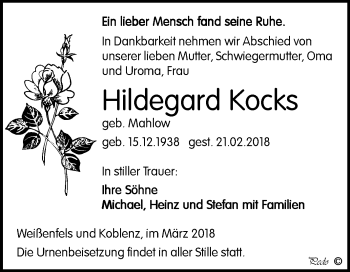 Traueranzeige von Hildegard Kocks von Mitteldeutsche Zeitung Weißenfels
