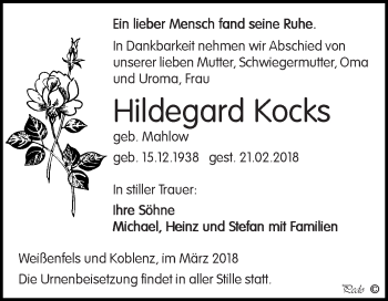 Traueranzeige von Hildegard Kocks von WVG - Wochenspiegel NMB / WSF / ZTZ