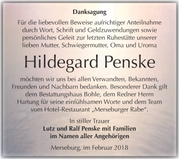 Traueranzeige von Hildegard Penske von Super Sonntag Merseburg