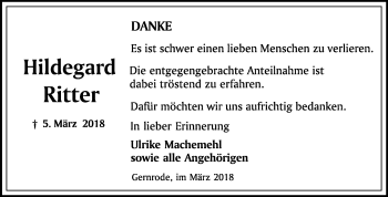 Traueranzeige von Hildegard Ritter von Mitteldeutsche Zeitung Quedlinburg