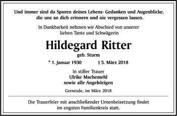 Traueranzeige von Hildegard Ritter von Mitteldeutsche Zeitung Quedlinburg