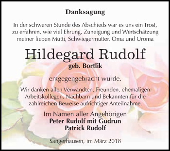 Traueranzeige von Hildegard Rudolf von Super Sonntag SGH Mansf. Land
