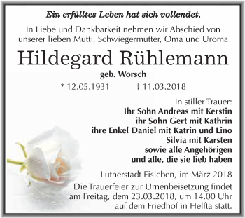 Traueranzeige von Hildegard Rühlemann von Wochenspiegel Mansfelder Land