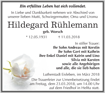Traueranzeige von Hildegard Rühlemann von Mitteldeutsche Zeitung
