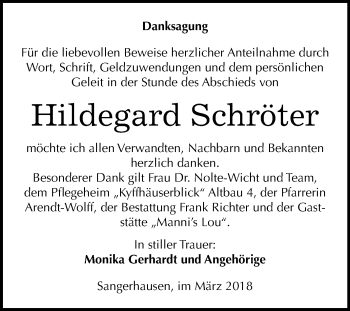 Traueranzeige von Hildegard Schröter von Mitteldeutsche Zeitung Sangerhausen
