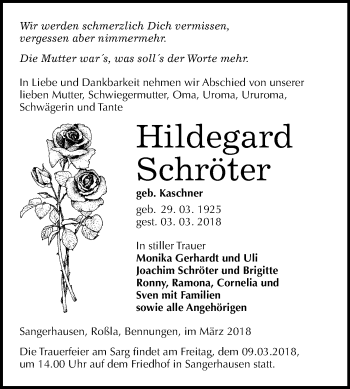 Traueranzeige von Hildegard Schröter von Mitteldeutsche Zeitung Sangerhausen