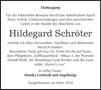 Traueranzeige von Hildegard Schröter von Super Sonntag SGH Mansf. Land