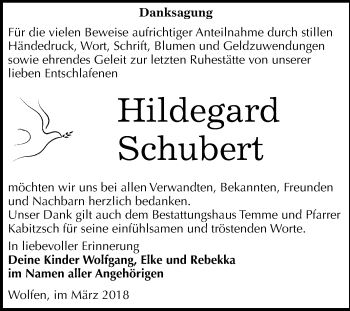 Traueranzeige von Hildegard Schubert von Mitteldeutsche Zeitung Bitterfeld