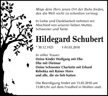 Traueranzeige von Hildegard Schubert von Mitteldeutsche Zeitung Bitterfeld