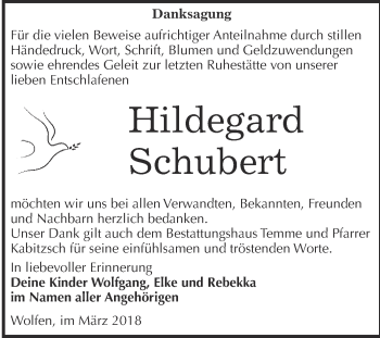 Traueranzeige von Hildegard Schubert von WVG - Wochenspiegel Bitterfeld