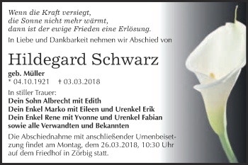 Traueranzeige von Hildegard Schwarz von WVG - Wochenspiegel Bitterfeld
