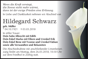 Traueranzeige von Hildegard Schwarz von Mitteldeutsche Zeitung Bitterfeld