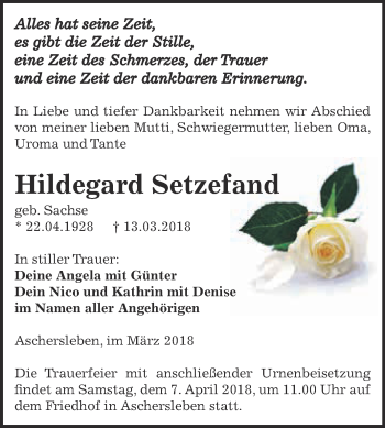 Traueranzeige von Hildegard Setzefand von Super Sonntag Aschersleben