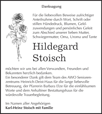 Traueranzeige von Hildegard Stoisch von WVG - Wochenspiegel Dessau / Köthen