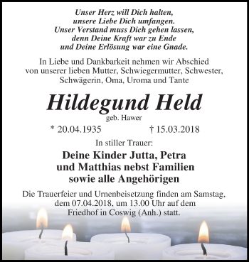 Traueranzeige von Hildegund Held von Mitteldeutsche Zeitung Dessau-Roßlau