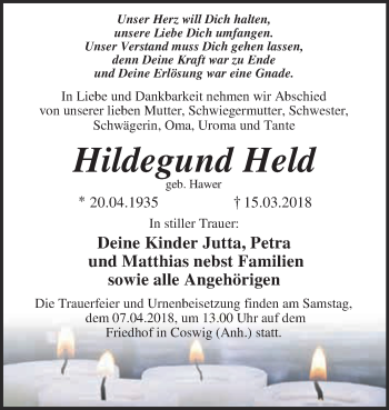 Traueranzeige von Hildegund Held von WVG - Wochenspiegel Dessau / Köthen