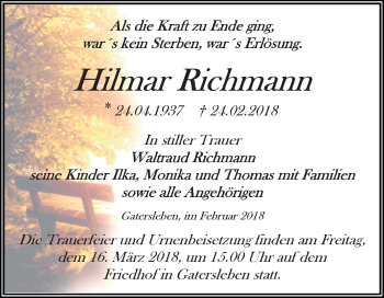 Traueranzeige von Hilmar Richmann von Mitteldeutsche Zeitung Aschersleben