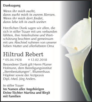 Traueranzeige von Hiltrud Rebert von Super Sonntag Wittenberg