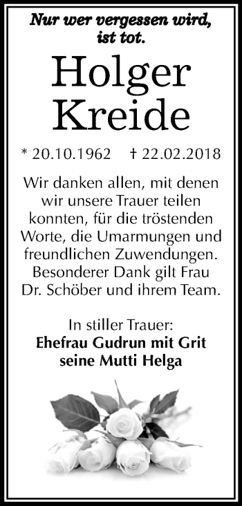 Traueranzeige von Holger Kreide von Mitteldeutsche Zeitung Merseburg/Querfurt