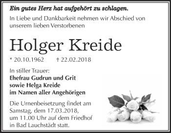 Traueranzeige von Holger Kreide von Super Sonntag Merseburg